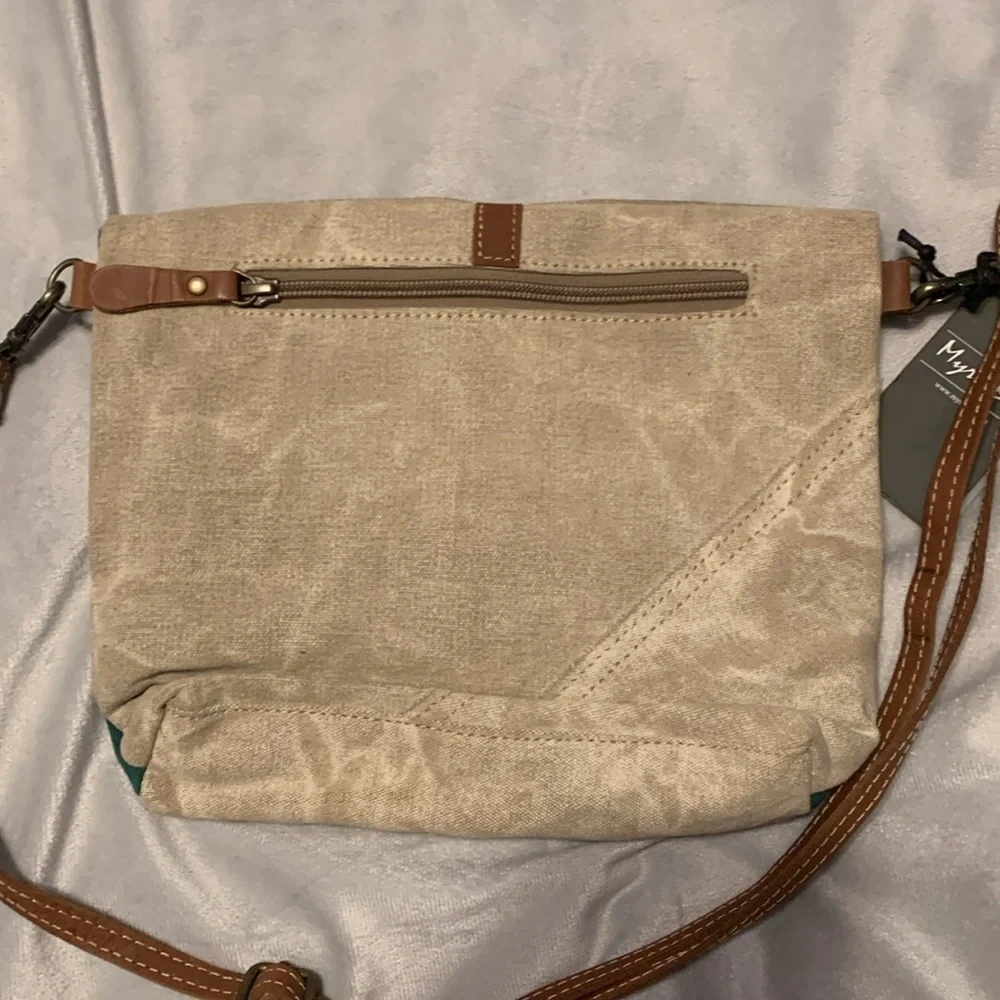 MYRA BAGS Burlander Patch Teal Small Crossbody Bag canvas leather stitch anchor